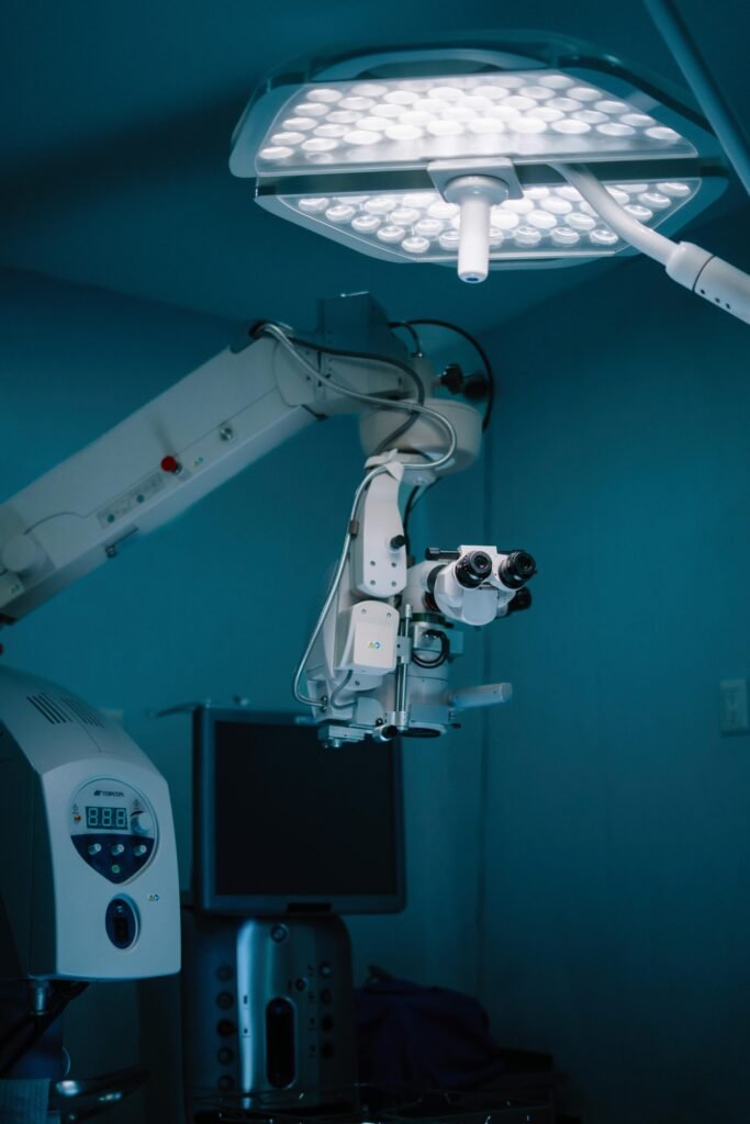State-of-the-art surgical equipment and lighting in a modern hospital operating room.